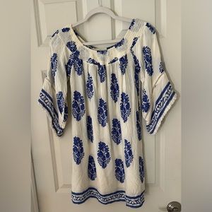 Kori America Womens White & Blue BOHO Mini Dress, size S Swimsuit Cover Up